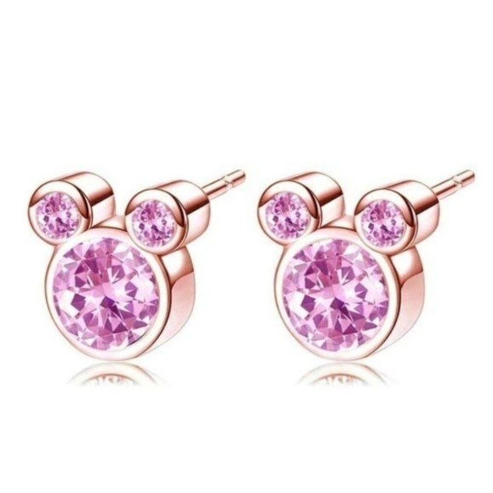Rose Gold and Pink Sapphire Cubic Zirconia Mickey Mouse Post Back Stud Earrings